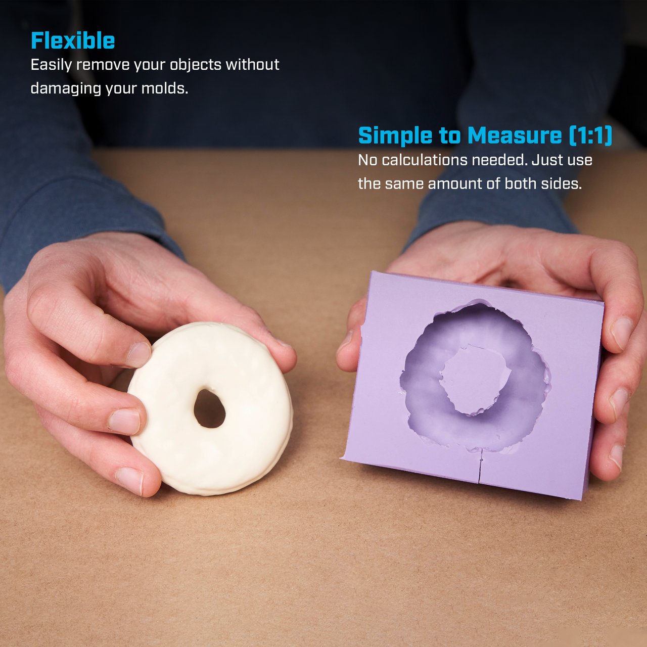 A flexible silicone mold with an easy 1:1 mixing ratio.